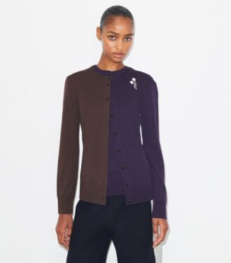 Brooch Color-Block Wool Cardigan