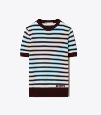 Cashmere Striped Short-Sleeve Tennis Sweater