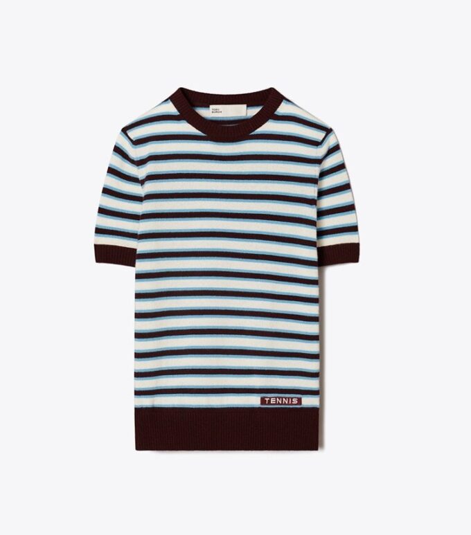 Cashmere Striped Short-Sleeve Tennis Sweater Cashmere Striped Short-Sleeve Tennis Sweater