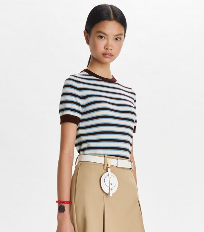 Cashmere Striped Short-Sleeve Tennis Sweater Cashmere Striped Short-Sleeve Tennis Sweater