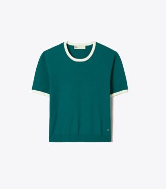Contrast-Trim Short-Sleeve Sweater