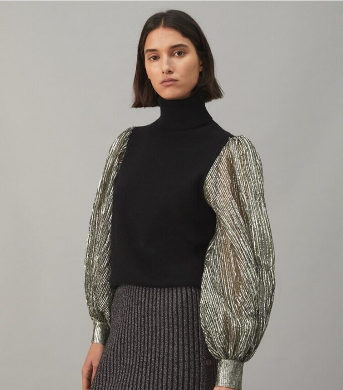 Crinkle Stripe Lamé Sleeve Sweater Crinkle Stripe Lamé Sleeve Sweater