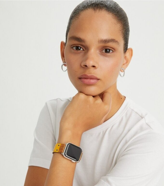 Double Rivets Band For Apple Watch®, Yellow Leather Double Rivets Band For Apple Watch®, Yellow Leather