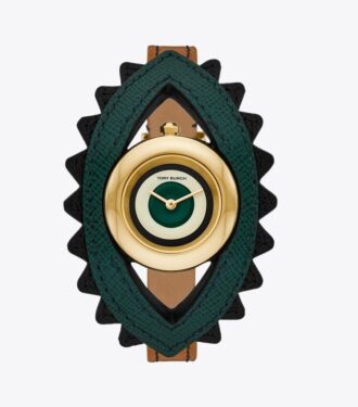 Evil Eye Bangle Watch, Luggage Leather/Green, 27 Mm