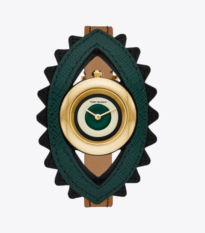 Evil Eye Bangle Watch, Luggage Leather/Green, 27 Mm