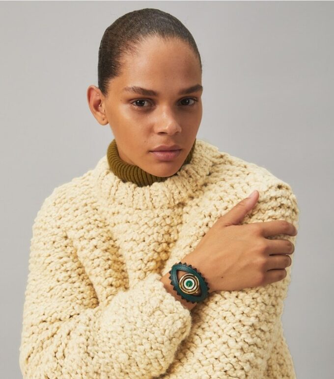 Evil Eye Bangle Watch, Luggage Leather/Green, 27 Mm