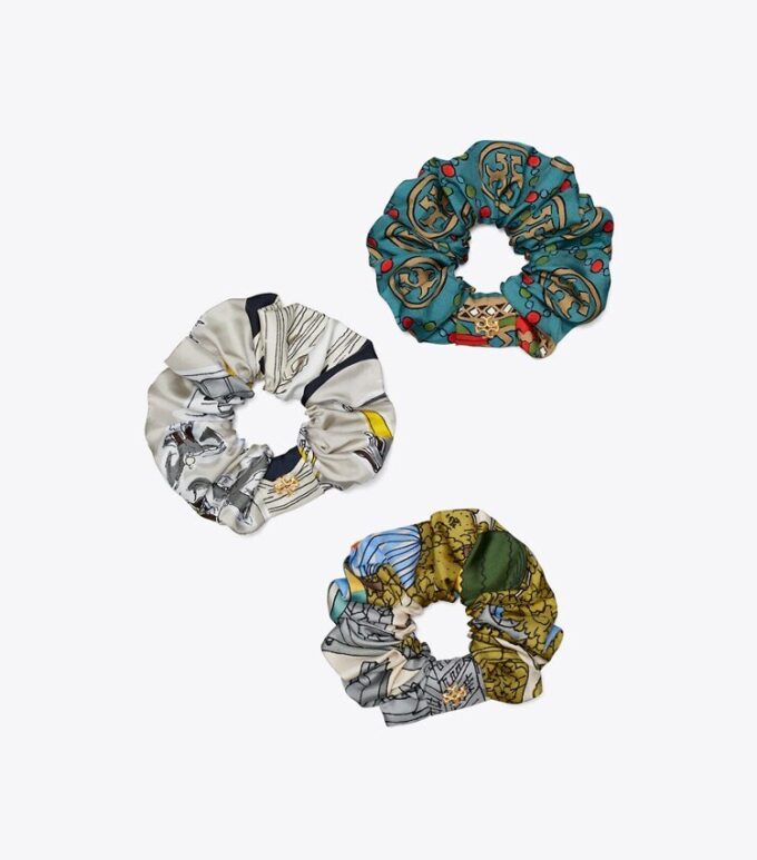 Printed Embellished Silk Scrunchies, Set Of 3