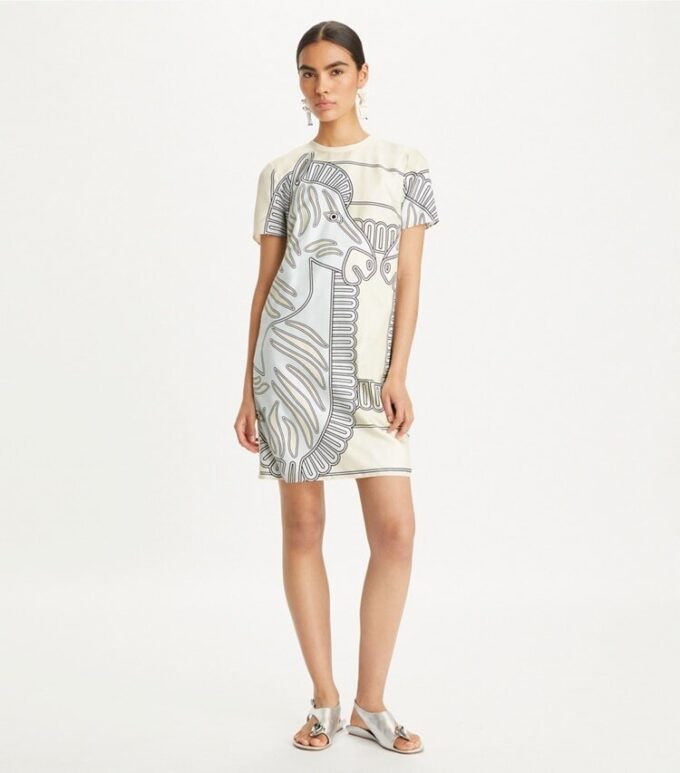 Printed Silk Front T-Shirt Dress