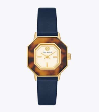 Sawyer Octagonal Watch, Navy Leather/Gold-Tone Stainless Steel, 28 X 32mm