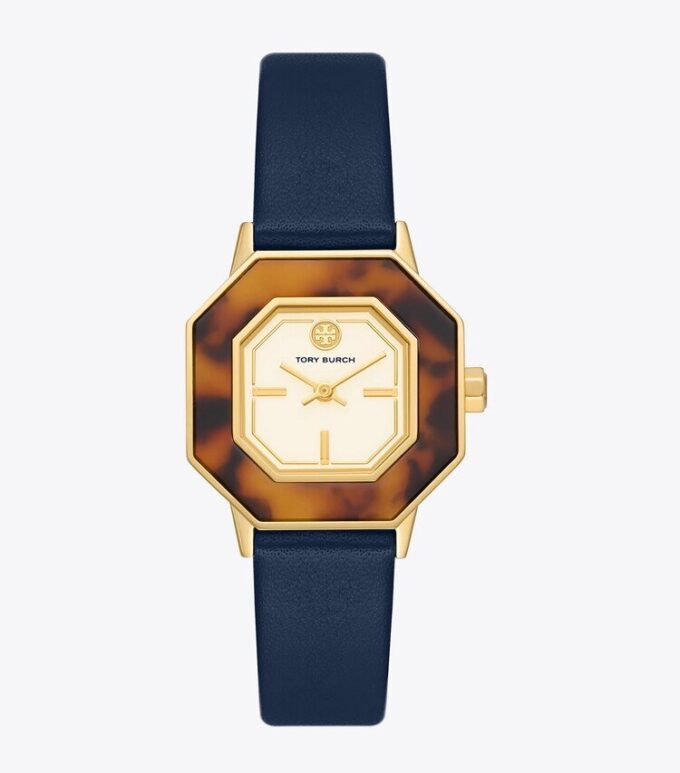 Sawyer Octagonal Watch, Navy Leather/Gold-Tone Stainless Steel, 28 X 32mm