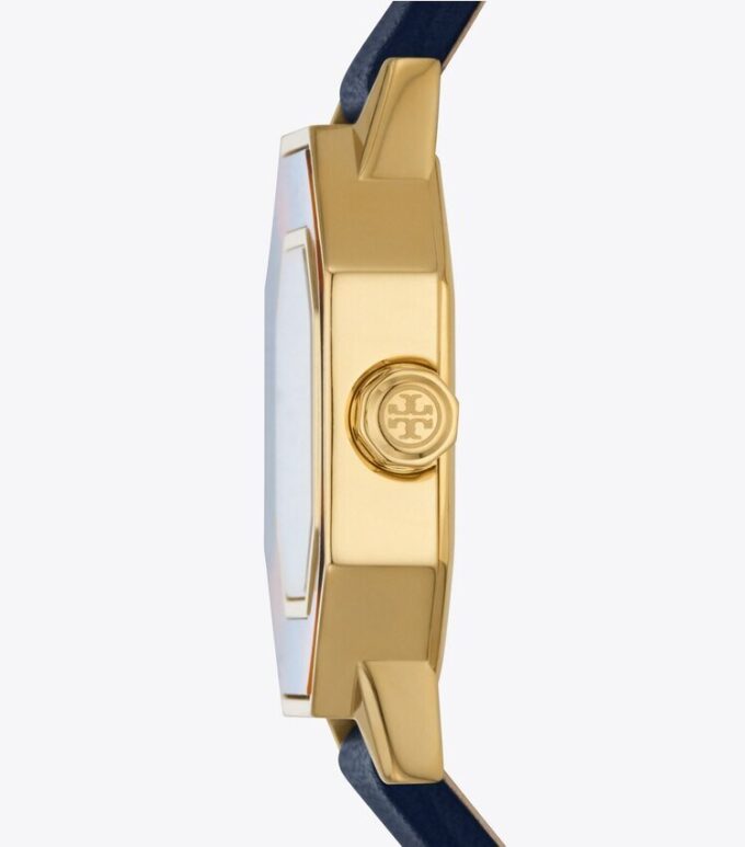 Sawyer Octagonal Watch, Navy Leather/Gold-Tone Stainless Steel, 28 X 32mm