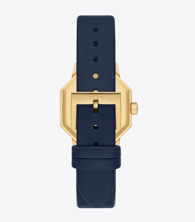 Sawyer Octagonal Watch, Navy Leather/Gold-Tone Stainless Steel, 28 X 32mm