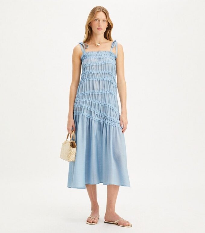 Shoulder Tie Smocked Viscose Dress Shoulder Tie Smocked Viscose Dress