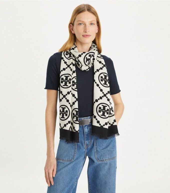 T Monogram Bordered Oblong Scarf T Monogram Bordered Oblong Scarf