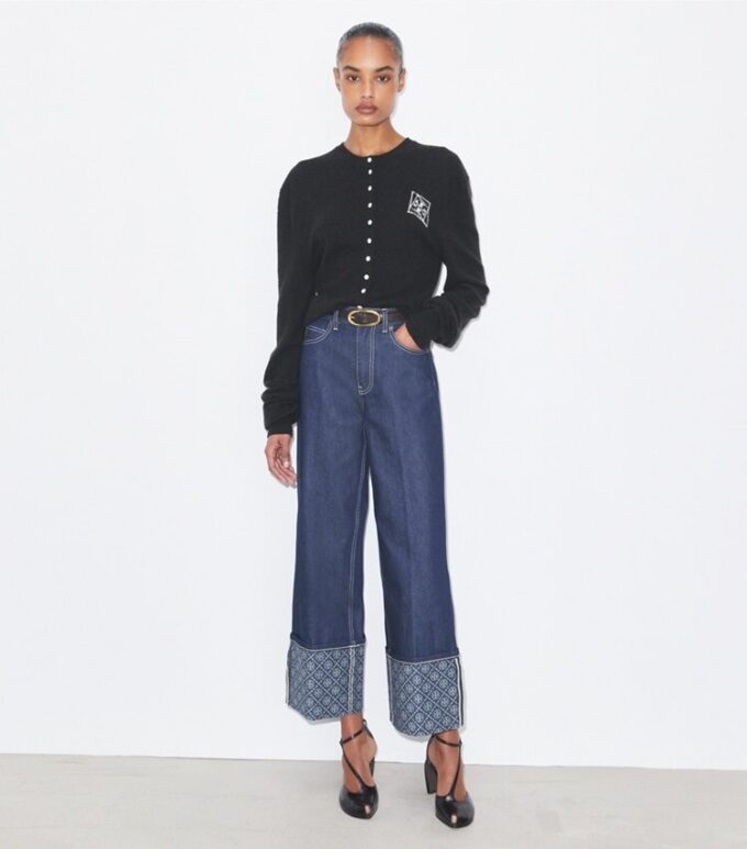 T Monogram Contrast Cuff Straight Leg Jean