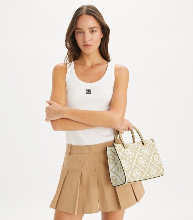 T Monogram Contrast Embossed Top-Handle Tote