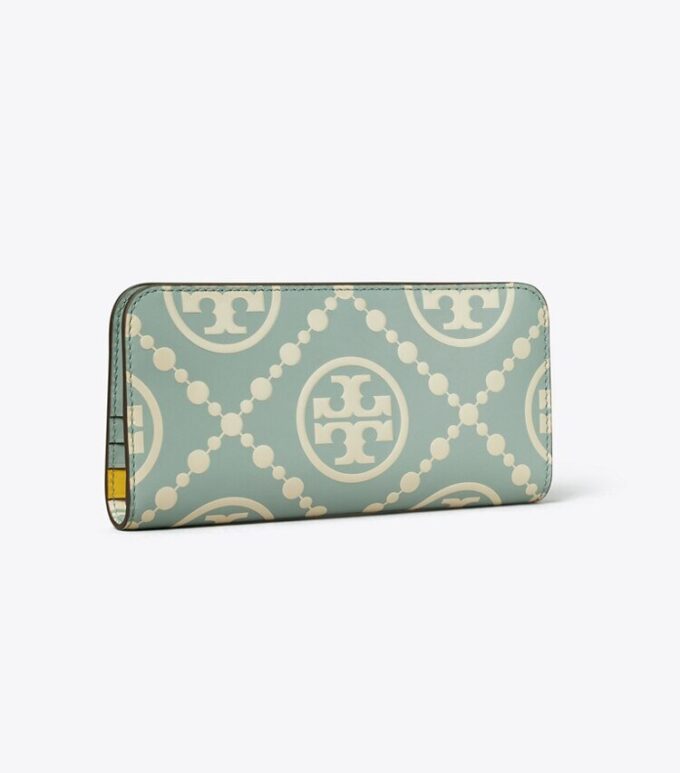 T Monogram Contrast Embossed Zip Slim Wallet
