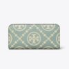 T Monogram Contrast Embossed Zip Slim Wallet