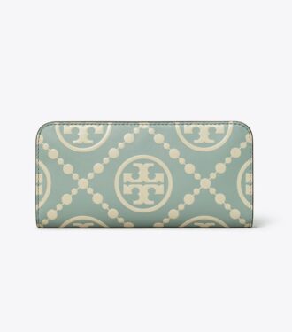 T Monogram Contrast Embossed Zip Slim Wallet