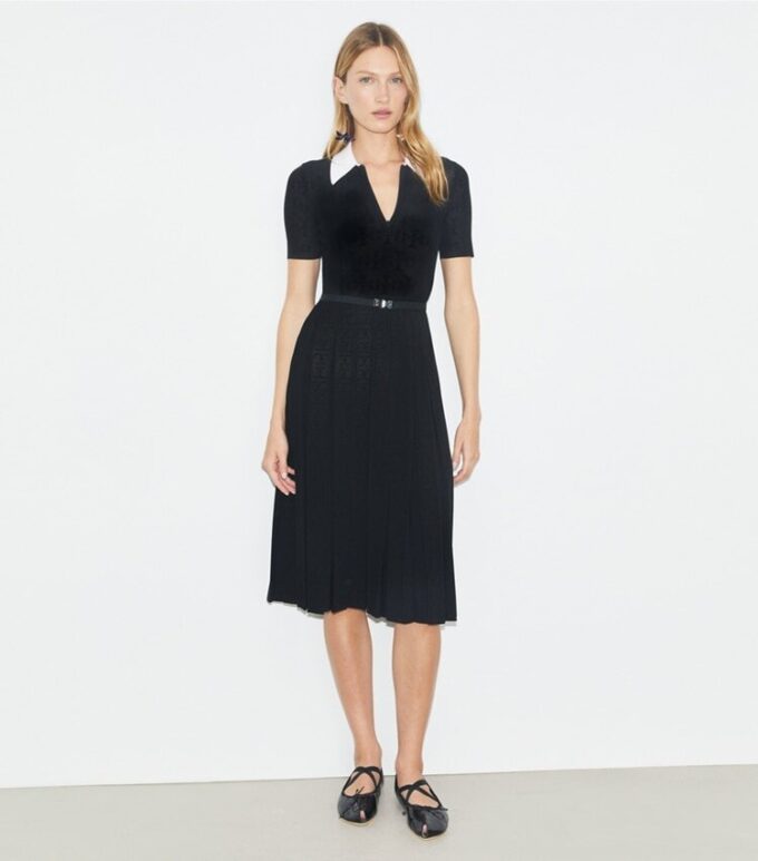 T Monogram Pointelle Pleated Dress