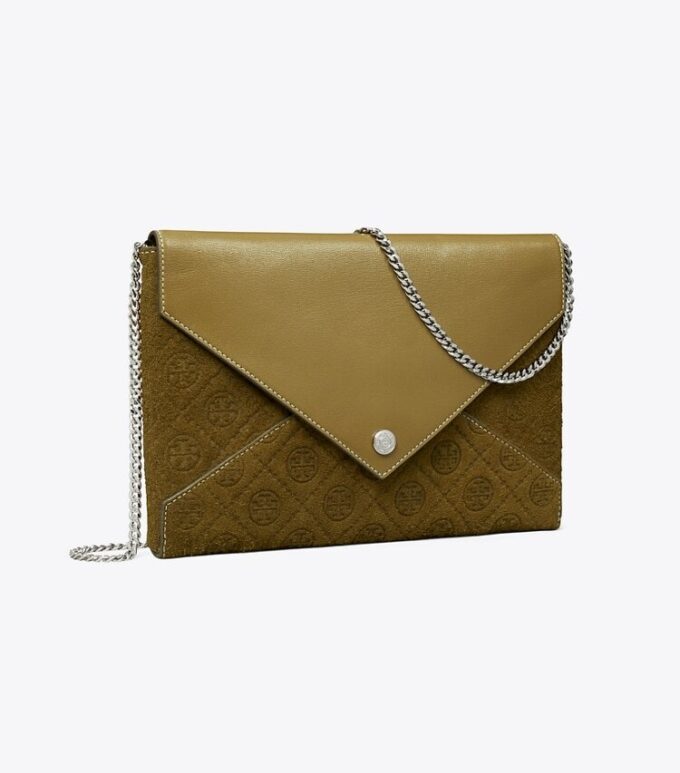 T Monogram Suede Envelope Chain Pouch