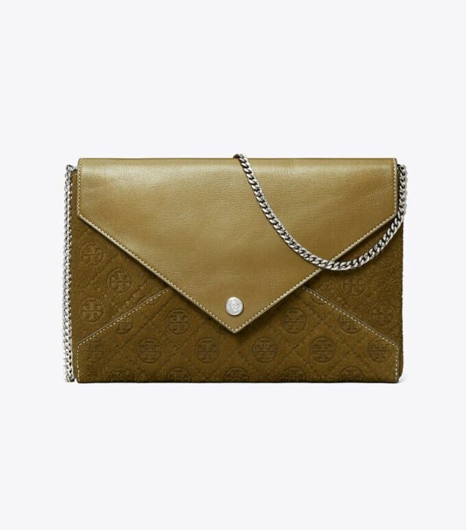 T Monogram Suede Envelope Chain Pouch