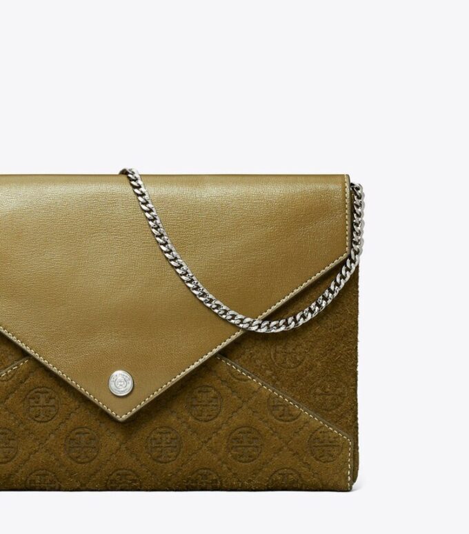T Monogram Suede Envelope Chain Pouch