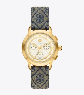 T Monogram Tory Watch, Navy/Gold-Tone Stainless Steel, 37 X 37 Mm