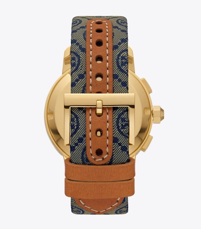 T Monogram Tory Watch, Navy/Gold-Tone Stainless Steel, 37 X 37 Mm