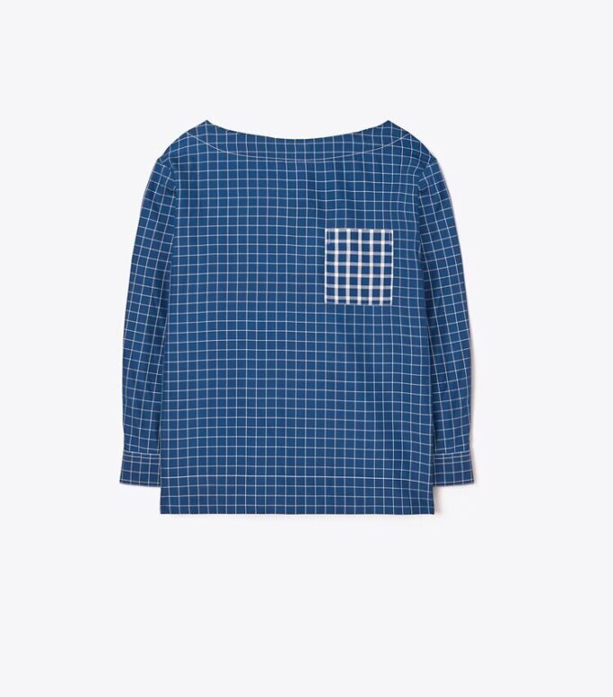Windowpane Plaid Silk Boatneck Top Windowpane Plaid Silk Boatneck Top