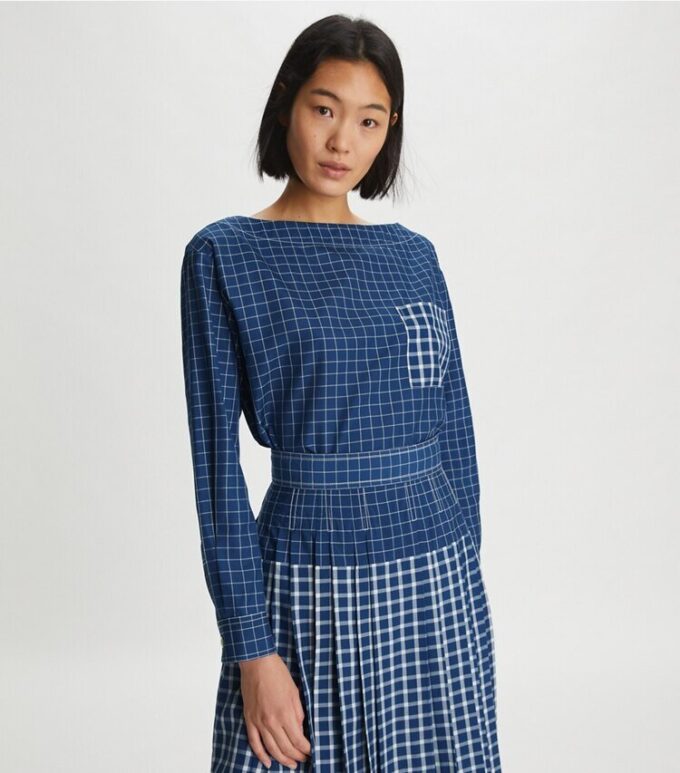 Windowpane Plaid Silk Boatneck Top Windowpane Plaid Silk Boatneck Top