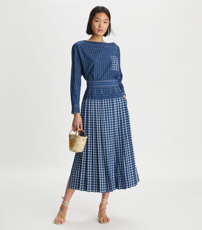 Windowpane Plaid Silk Boatneck Top Windowpane Plaid Silk Boatneck Top